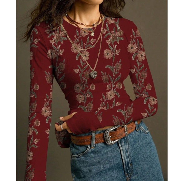 Boho Floral Print Crew Neck Long Sleeve Thumbhole Top - Picture 2 of 4